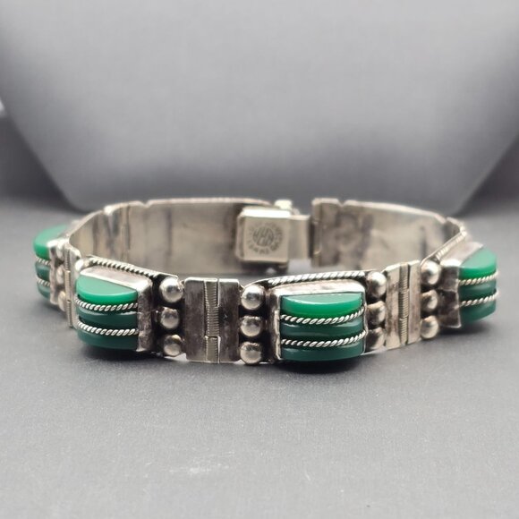 VTG RRA Mexican Sterling Silver Green Onyx Panel Link Bracelet 7" Rope Detail 40 - Picture 1 of 16